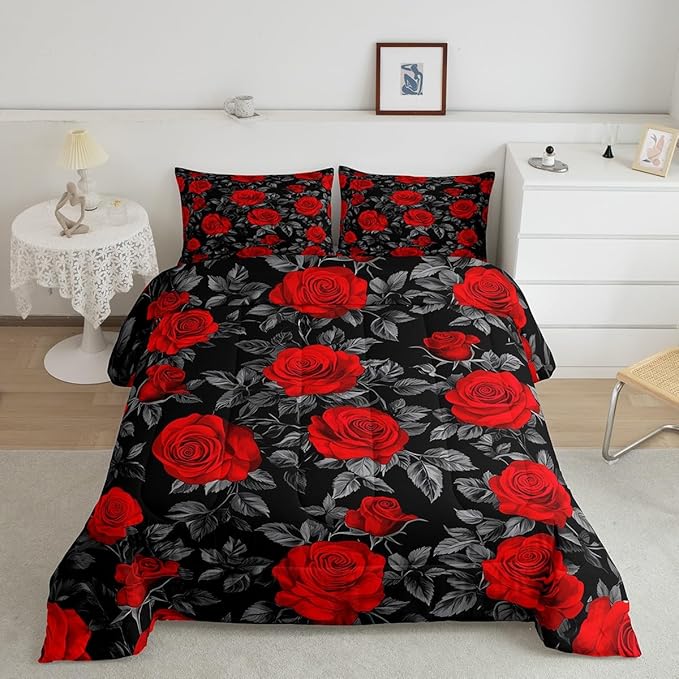 Castle Fairy Kids Red Flowers Comforter Set Twin Size,Rose and Grey Leaves Print Quilt Set for Kids Boys Bedroom Decor Xmas Gift,Gothic Floral Plant Theme Polyester Bedding Set with 1 Pillowcase