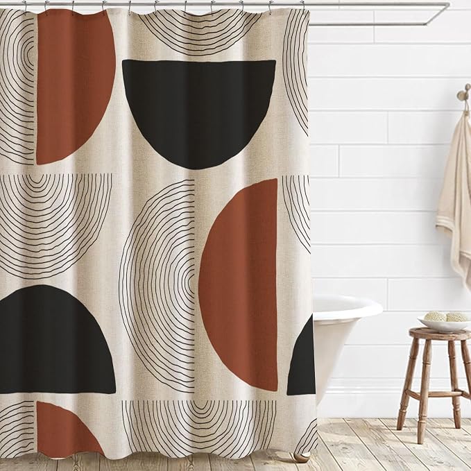 Boho Minimalistic Linen Shower Curtain Abstract Geometric Shapes Lines Fabric Shower Curtain Set with Hooks, Mid Century Modern Shower Curtains for Bathroom, 71x78 Bath Curtain