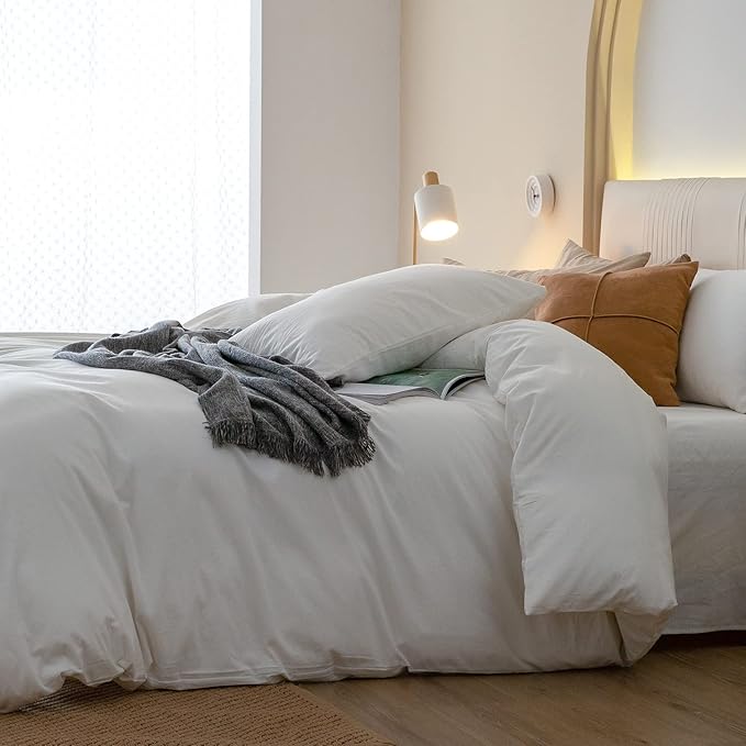 JIYUAN 100% Washed Cotton Duvet Cover Set 2 Pieces Twin, 1 Duvet Cover 68x90 Inches(Comforter Not Included) and 1 Pillowcases,Linen Feel Bedding Set Comfy and Breathable,Off White