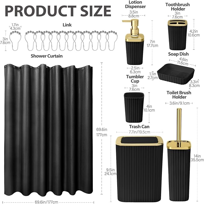 Bathroom Accessory Set, Shower Curtain Set, Toilet Brush, Trash Can & Soap Dispenser (Black Gold, Plastic)