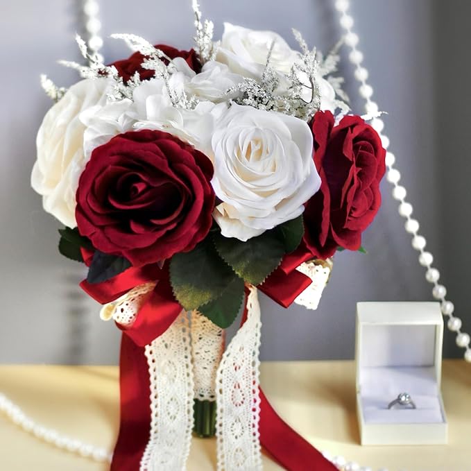 8.6in Wedding Bouquets for Bride Bridesmaid,White Champagne Red Burgundy Rose Artificial Fake Silk Flowers Bridal Bouquets for Wedding With Ribbon Handle Boho Rustic Church Decoration Toss Bouquet