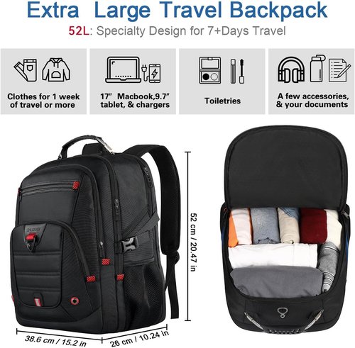 Lifetime Warranty Extra Large Travel Backpack - 52L Capacity, Anti-Theft Design, Water Resistant | Black