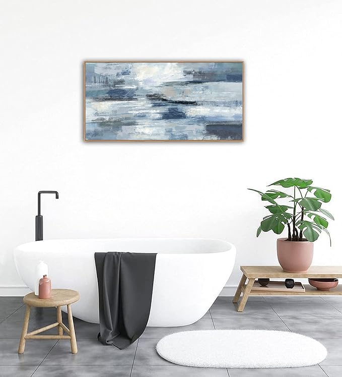 Indigo Framed Wall Art Abstract Ocean Canvas Pictures Blue White Grey Painting Vintage Wall Decor Modern Artwork Prints for Living Room Bedroom Bathroom Office Home Decoration 20"x 40"