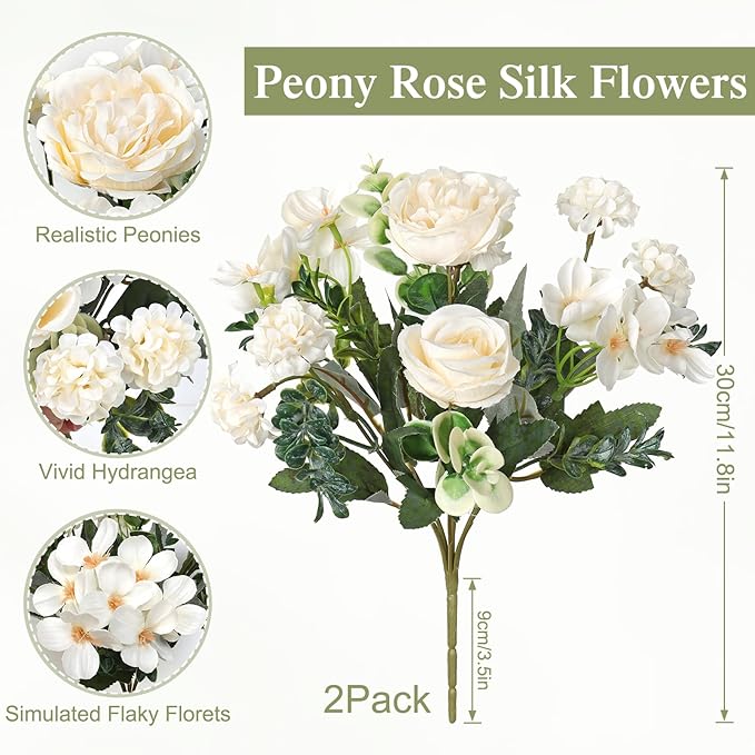 2 Bundles White Peonies Artificial Flowers Silk Flower Centerpieces for Tables Fake Flower Arrangements Bouquets Mixed Roses Hydrangea with Stems for Wedding Bridal Bouquets Home Table Decor