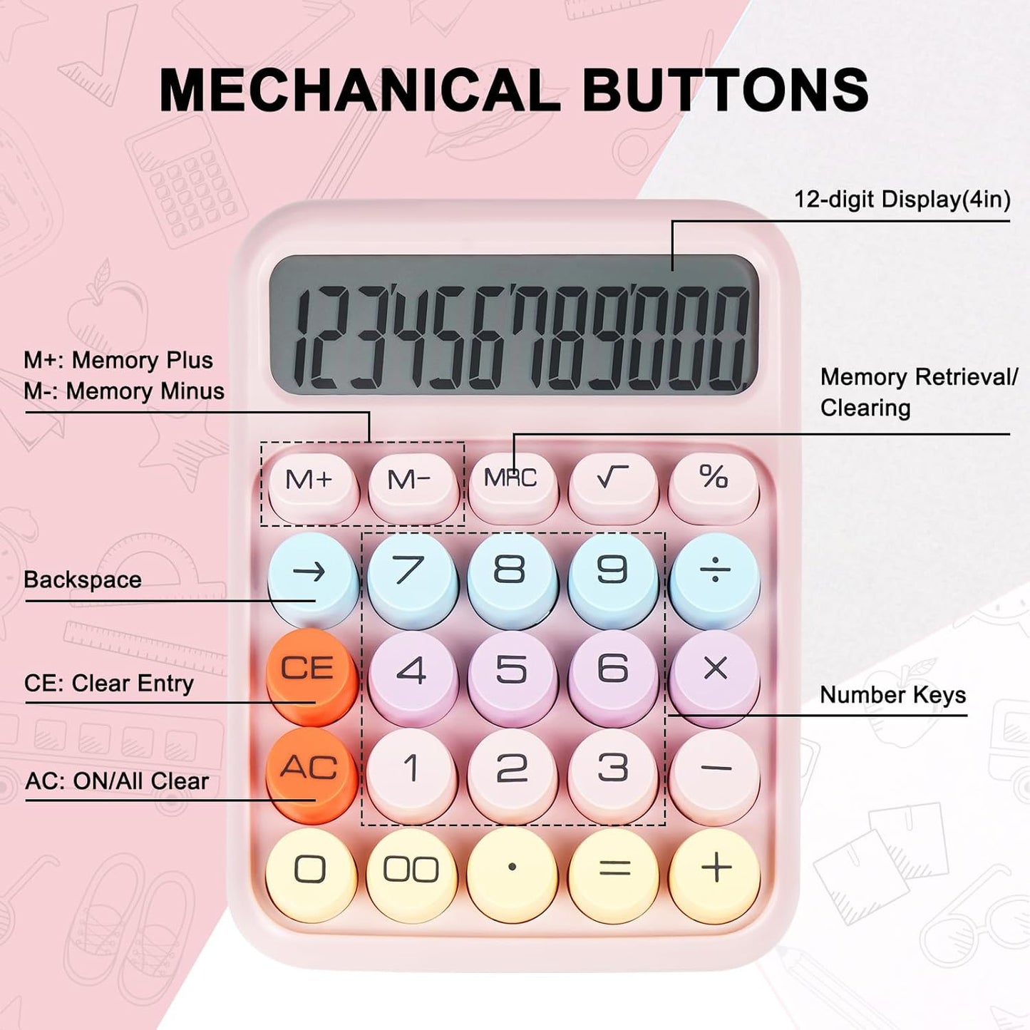 Skiennix Mechanical Switch Calculator - Large LCD Display, 12 Digits, Cute Pink Design for Home & Office
