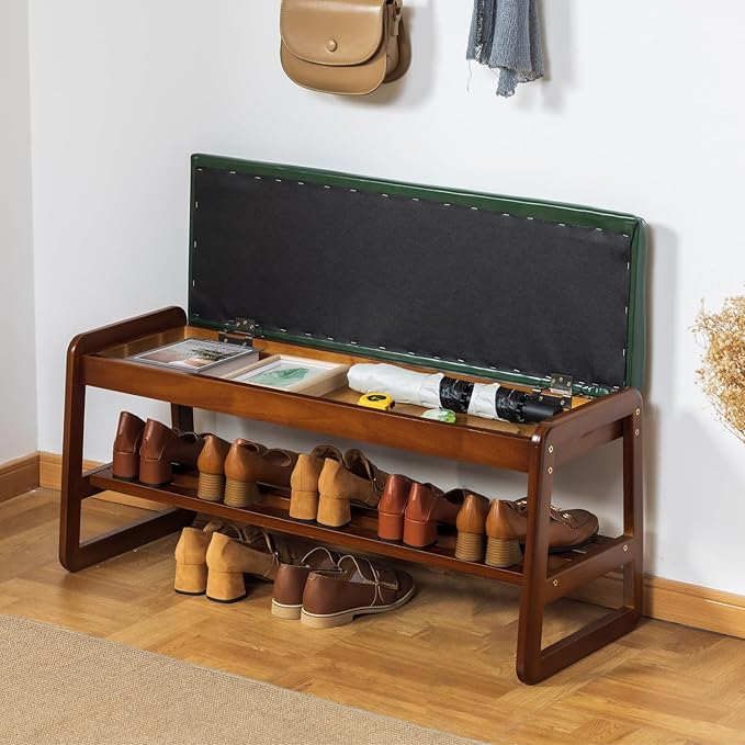 SOBIBO Solid Wood Shoe Bench, 2-Tier Entryway Bench with Cushion and Flip-Open Storage Box, Mid-Century Modern Shoe Bench Rack for Hallway, Mudroom(Green, 39.4'')