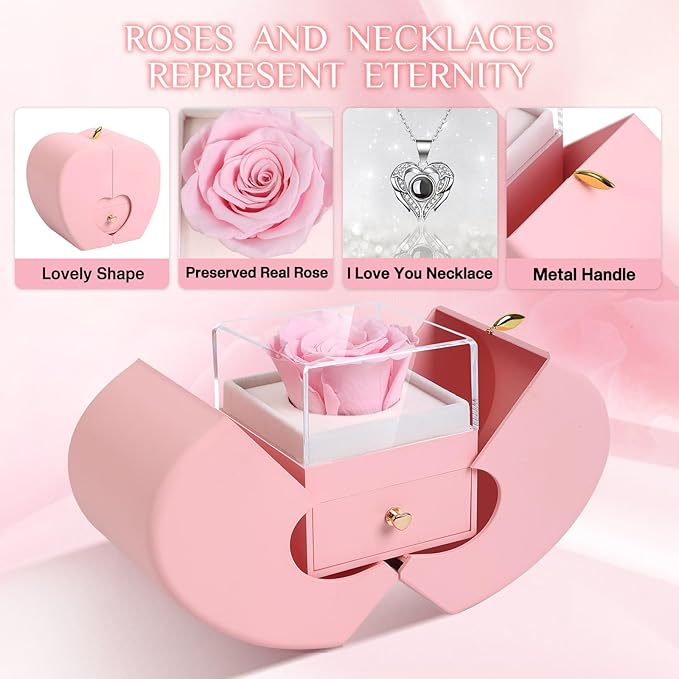 Preserved Real Pink Rose with I Love You Necklace 100 Languages, Gifts for Girlfriend, Women, Mom, Wife, Gifts Idea on Christmas, Valentine's Day, Mother's Day, Birthday, Anniversary, Thanksgiving