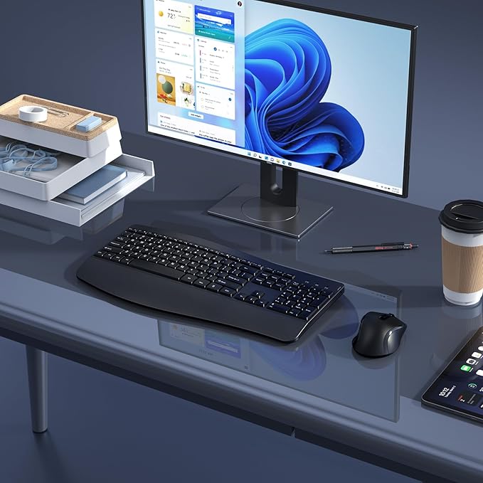Ergonomic Keyboard and Mouse Combo, Full Size Cordless Computer Keyboard with Palm Wrist Rest Ergonomic Mouse for Windows Computers Laptops - Black