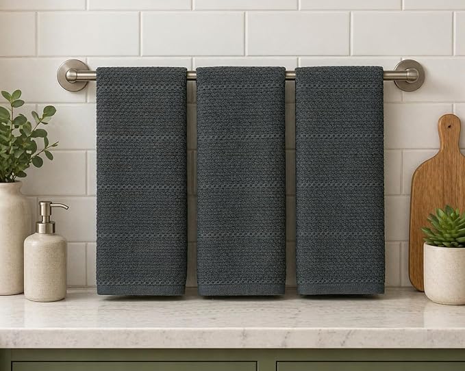 Serafina Home Dark Grey Gray Kitchen Hand Dish Towels: Oversized 28" x 18",100% Cotton Cloth Soft Cleaning Drying Absorbent Textured Design, Set of 3 Multipurpose for Everyday Use (Dark Grey)