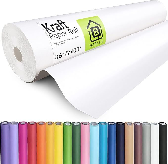 BAIJIALI 36" x 2,400" (200') Kraft Paper Roll for Craft Bulletin Board Paper Art Table Covering Crafting Gift Wrapping Bouquet Packing Parcel (White, 36''x200')