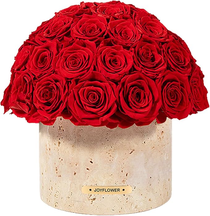 JoyFlower Preserved Flowers Vase, Yellow Cave Stone Flower Vases for Centerpieces, Eternal Flower Decorations for Party Home Living Room Bedroom Coffee Table, Red Flower Vase Unique House Decor