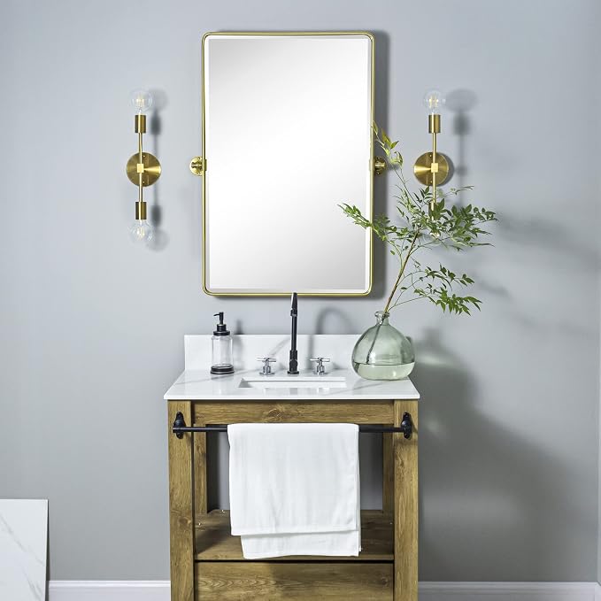 TEHOME 20x30'' Pivot Rectangle Bathroom Vanity Mirror Brushed Gold Rounded Corner Metal Framed Tilting Beveled Vanity Wall Mirrors