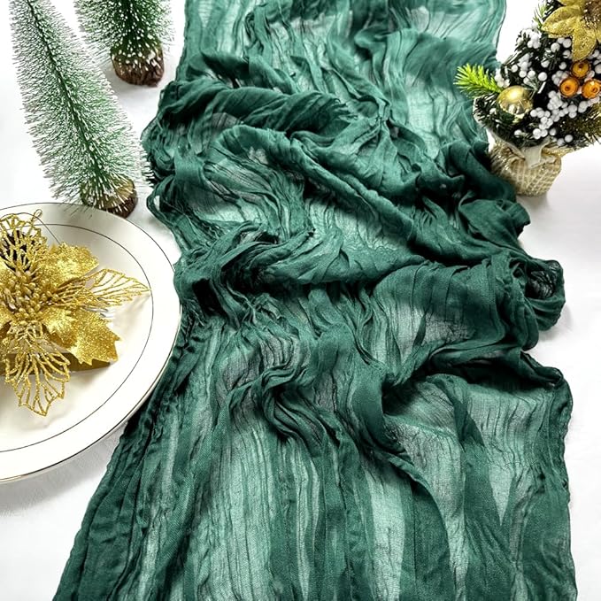 Booque Valley Christmas Table Runner 3 Pack Green Cheesecloth 10ft Soft Boho Wrinkled Decorative Gauze Sheer for Holiday Party Baptism Wedding Centerpiece Table Decor, 35x120 Inch