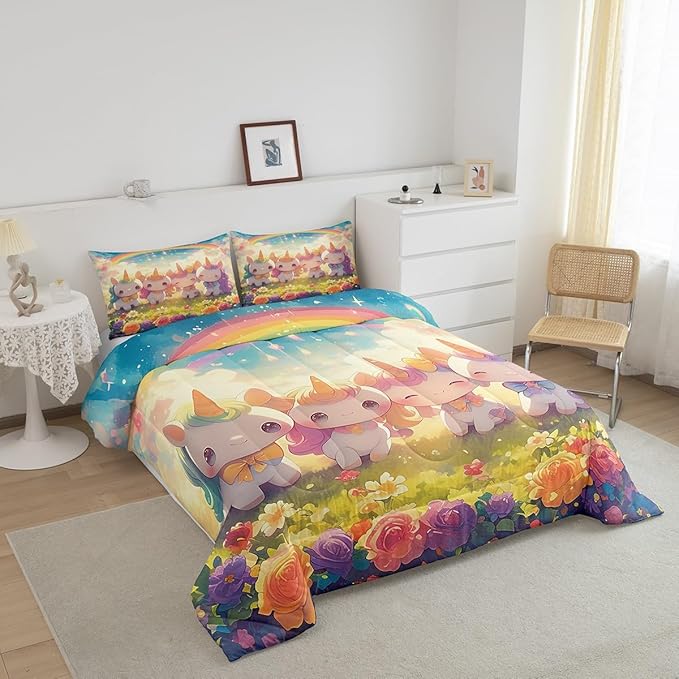Unicorn Full Size Comforter Set,Reversible Cute Unicorn Rainbow Cartoon Horse Animal Bedding Comforters Bedroom Collection,Kawaii Style Flowers Galaxy Cloud Bedding Set for Girls Teens