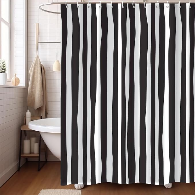 Black and White Extra Long Shower Curtain, Striped Boho Minimalist Modern Waterproof Fabric Machine Washable for Bathroom Decor Bathtub with Hooks 72Wx84H
