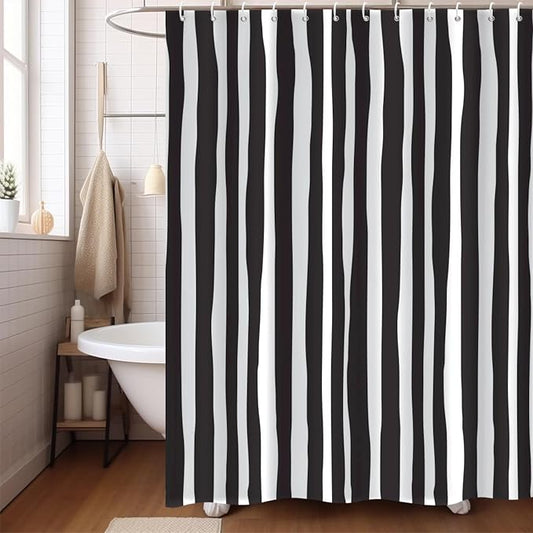Black and White Extra Long Shower Curtain, Striped Boho Minimalist Modern Waterproof Fabric Machine Washable for Bathroom Decor Bathtub with Hooks 72Wx78H