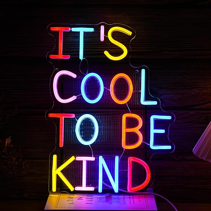It's Cool To Be Kind Neon Sign Student Led Neon Light Powered by USB for Wall Decor Dimmable Be Kind Neon Light Sign for Classroom Bedroom Office Club Shop Bar School (Multicolored)