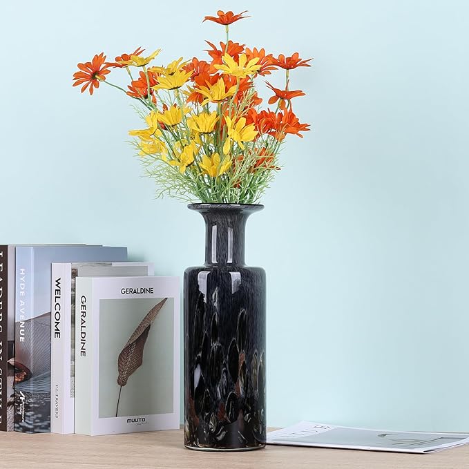 Hand-Blown Glass vase, Modern Art Glass Cylindrical vase, Gray Glass Decorative vase, Ideal for Living Room Dining Table centerpieces, TV Console, Office, or Console Table Accents.