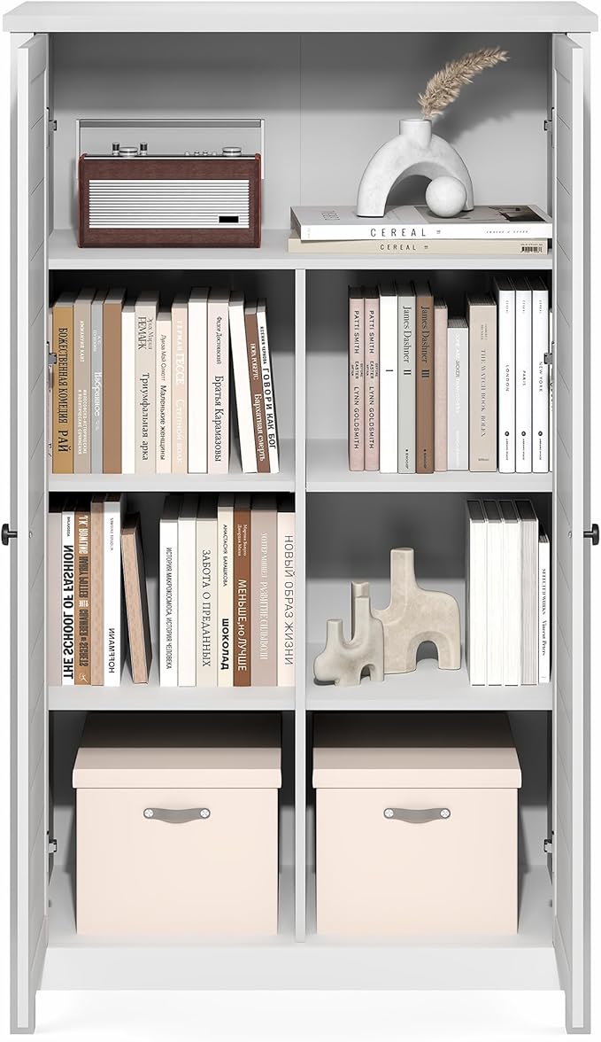 Furinno Robin Storage Cabinet, 4-Tier Pantry Cabinet with Adjustable Shelves, 35W with Louvered Doors, Kitchen Cabinet, Organization and Storage, for Pantry, Living Room, Home Office, White