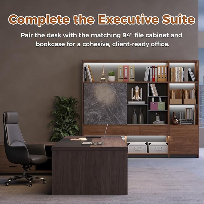 L-Shaped Executive Desk with LED Lights, Lockable Storage & 3-in-1 Charging Station, Reversible Cabinet, Modern Wood Office Desk for CEO, Manager & Home Office(Red Walnut+Black, 87"L*71"W*30"H)