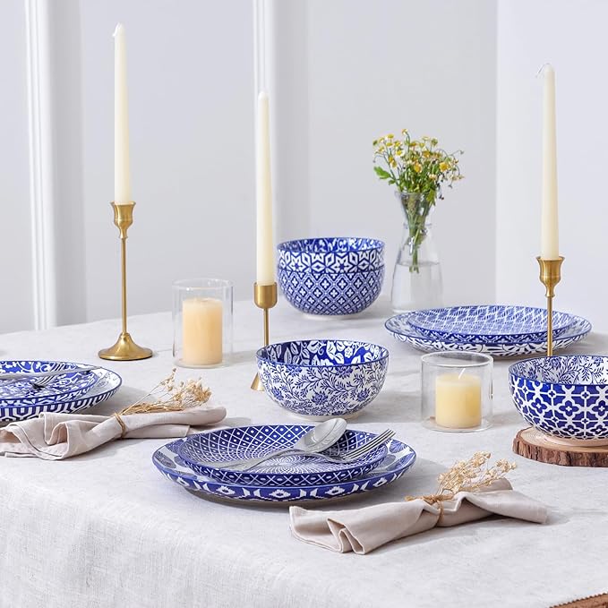 Selamica Ceramic Plates and Bowls Sets,24 Pieces Dinnerware Sets for 8,Scratch Resistant Dish Set for family gathering,Dishwasher & Microwave Safe, Vintage Blue