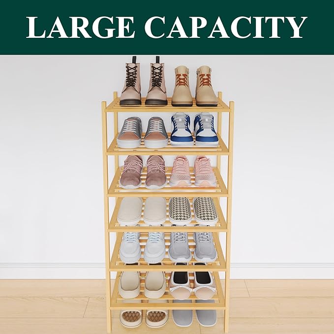 Smiry Small Bamboo Shoe Rack 6-Tier, Stackable Wooden Shoe Organizer for Entryway & Closet, Free Standing Wood Shoe Storage Shelf for Front Door & Small Spaces, Natural
