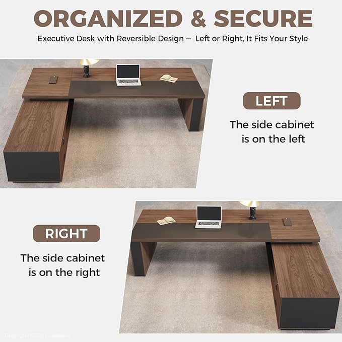 L-Shaped Executive Desk with LED Lights, Lockable Storage & 3-in-1 Charging Station, Reversible Cabinet, Modern Wood Office Desk for CEO, Manager & Home Office(Red Walnut+Black, 63"L*63"W*30"H)