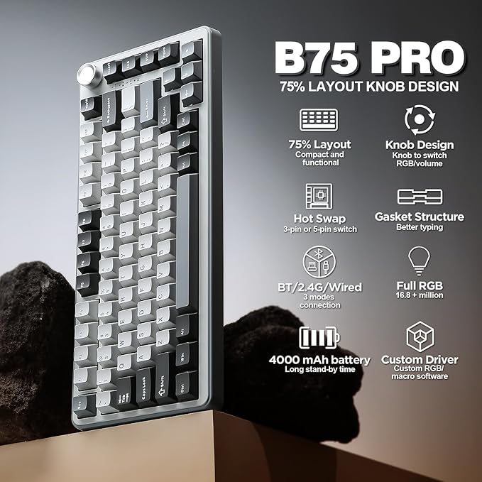 YUNZII B75 PRO Wireless Mechanical Keyboard,75% Layout with Knob,Hot Swap Gasket Custom Structure,Creamy Pre-lubed Switches,RGB Backlit,Bluetooth/Type-C/2.4G for Win/Mac(Cocoa Cream V2 Switch,Grey)