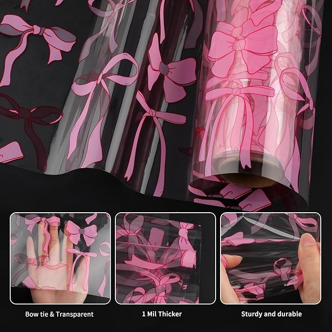 Motroce Clear Cellophane Wrap Roll, 100 Ft x 16 In Pink Bow Florist Paper Wrapper, Transparent 3Mil Thicker Cellophane Roll, Gift Baskets Wrap Cellophane Film for Gifts, Flowers, Christmas Wrapping