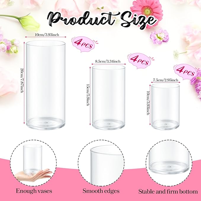 12 Pack Cylinder Vases for Centerpieces 4, 6, 8 Inch Tall Acrylic Cylinder Clear Flower Vase Set Home Decor Centerpiece Table Clear Flower Vase Decorations for Table Shelf, Party, Wedding