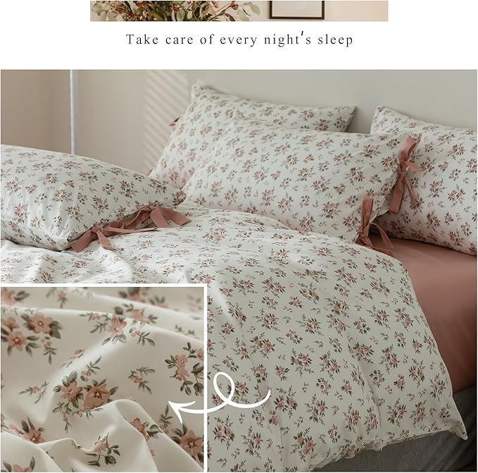 Floral Duvet Cover Twin Pink Floral 3 Piece Twin Girl Cottagecore Bedding Set with 2 Bow Tie Pillowcases,Room Decor Vintage Flowers Comforter Cover Princess for Teens Dorm
