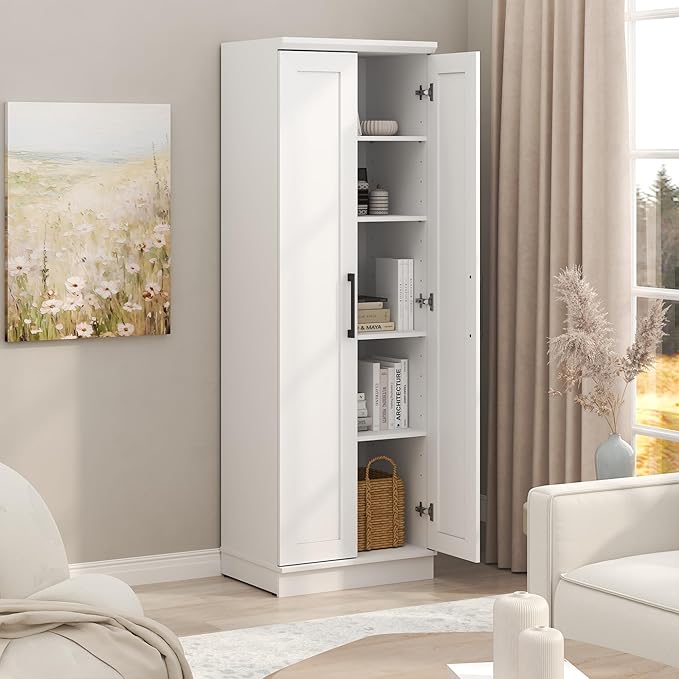 Furinno Robin Storage Cabinet, 5-Tier Pantry Cabinet with Adjustable Shelves, 23W with 2 Shaker-Doors, Kitchen Cabinet, Organization and Storage, for Pantry, Living Room, Home Office, White