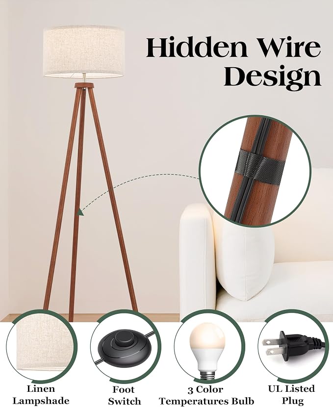 ELYONA Wood Tripod Floor Lamps with 3 Color Temperatures LED Bulb Vintage Standing Light Beige Linen Shade Tall Floor Lamp for Bedroom Living Room Office Study Room, Brown & Nickel Metal