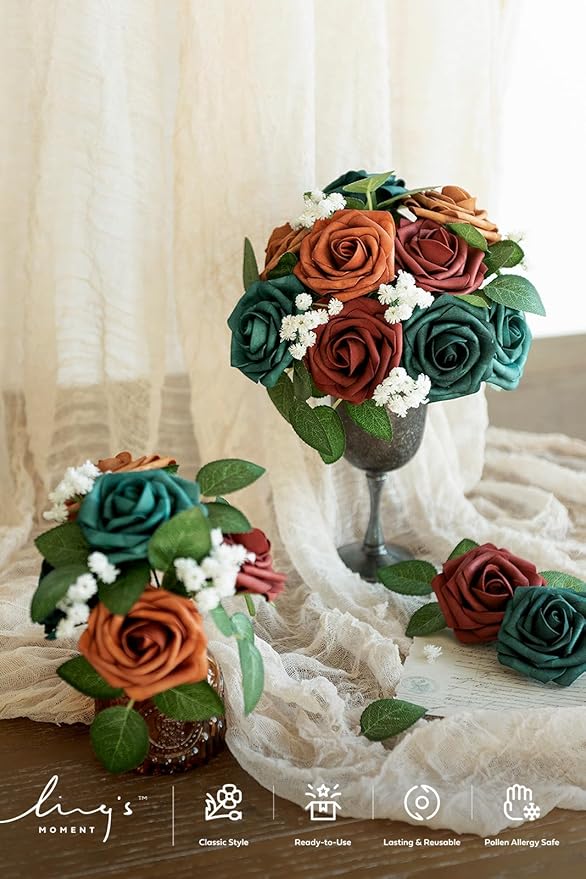 Ling's moment Artificial Flowers, 25Pcs 3" Roses in Teal Shades, Realistic DIY Foam Floral Decor for Wedding Bouquets/Centerpieces, Outdoor Party Backdrops, Room/Table, and Garden/Pot Decorations