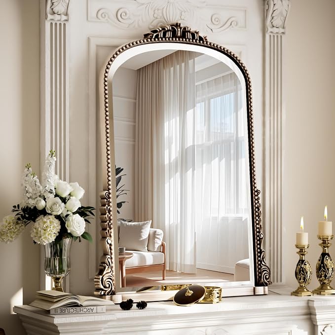 28"×40" Silver Wide Arched Wall Mirror, Vintage Carving Bathroom Vanity Makeup Mirror, as Wall Decor Hanging Leaning for Fireplace Mantle, Living Room, Bedroom, Vanity Area