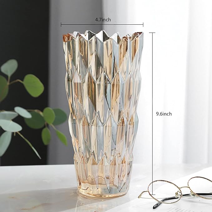 9.6" High Amber Glass Flower Vase for Home Decor, Dining Wedding Table Office Holiday Party Centerpiece Decoration