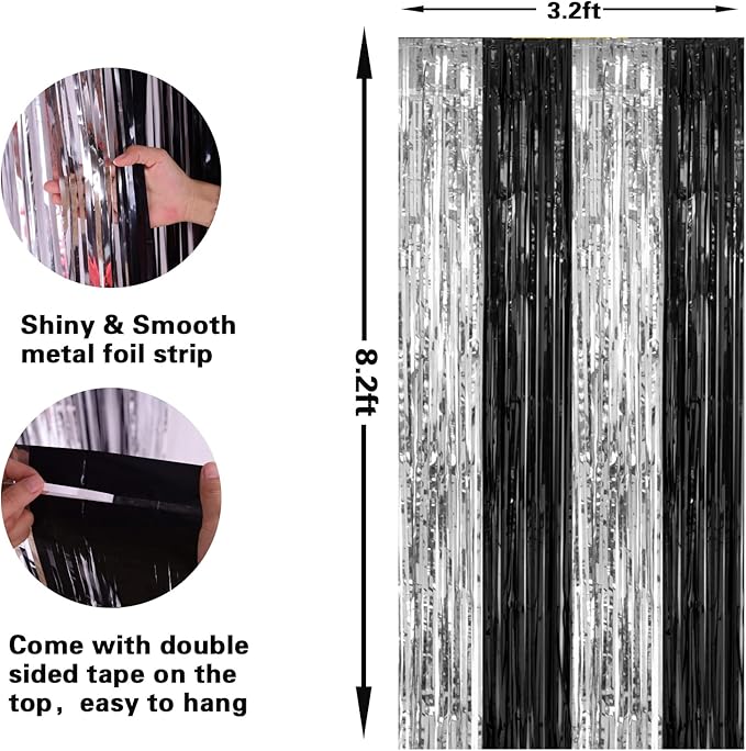 2 Pack 3.2 x 8.2 ft Black and Silver Foil Fringe Curtains Party Decorations, Sparkle Tinsel Curtain Photo Backdrop for Birthday Wedding Graduation Stream