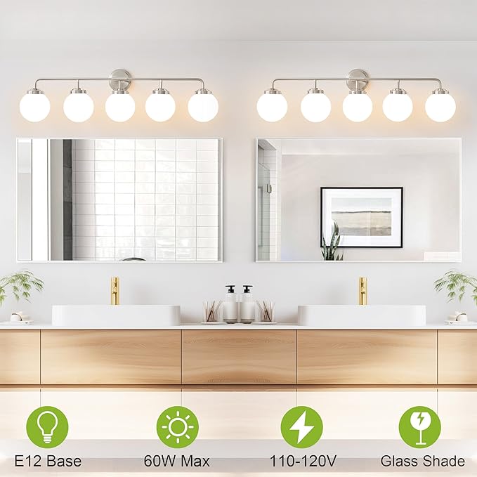 Bathroom Light Fixtures Over Mirror, Brushed Nickel Modern Vanity Lighting with Milk White Glass Globe Shades 5-Light Farmhouse Wall Sconce