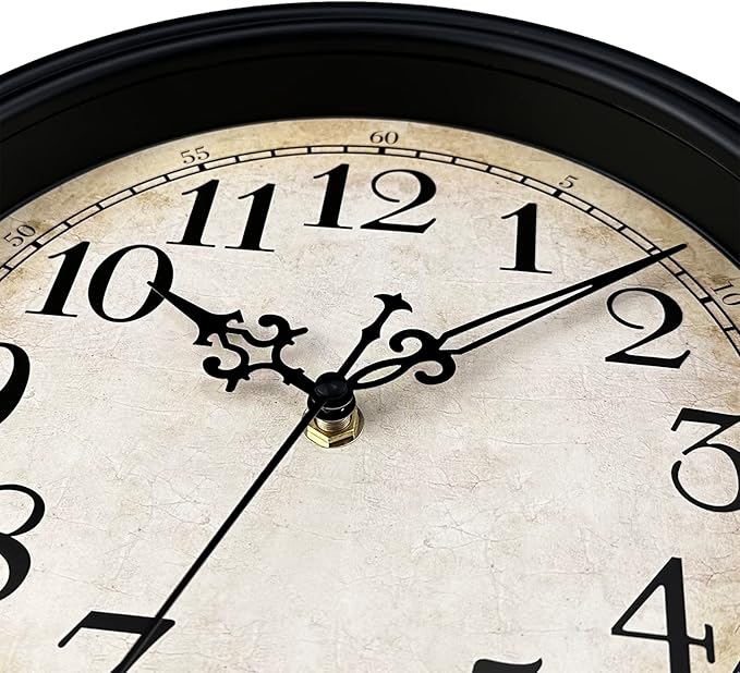 Plumeet Retro Wall Clock, 12'' Non Ticking Classic Silent Vintage Wall Clocks Decorative Kitchen Living Room Bedroom - Battery Operated, Black