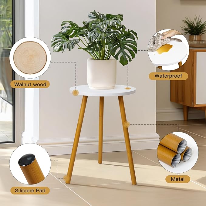 KINNARY Tall Plant Stand Indoor, Mid Century Wood White Flower Stand for Corner, Metal Plant Holder, Modern Home Decor Small Round Side End Table (11.8"x20")