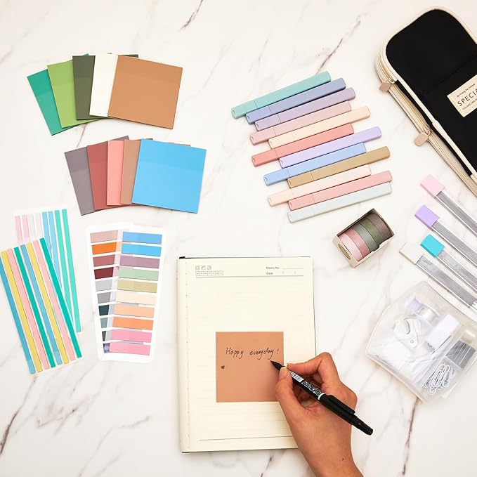 Sinload 60 Pcs Aesthetic Book Annotation Kit School Supplies Cute Pencil Case 12 Highlighter 5 Gel Pen 6 Mechanical Pencil 5 Magnetic Bookmark 1220 Pcs Sticky Note Tab Student Stationary(Black)