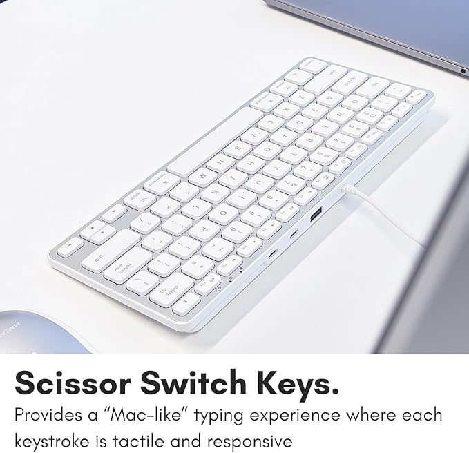 Macally Small Keyboard for Mac with USB Hub (3 Ports) - Wired 2 in 1 USB C + A Plug - Save Space with an Apple Compatible Keyboard (78-Key Layout) - Silver