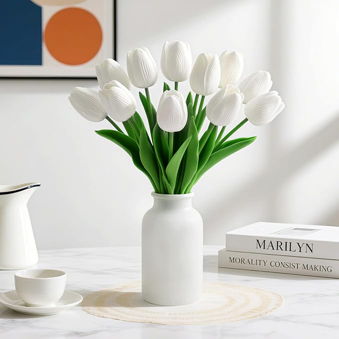 20 Pcs Fake Tulips Artificial Flowers 13" White Faux Flowers Real Touch PU Tulips Bouquet for Floral Arrangement Home Kitchen Table Wedding Decorations