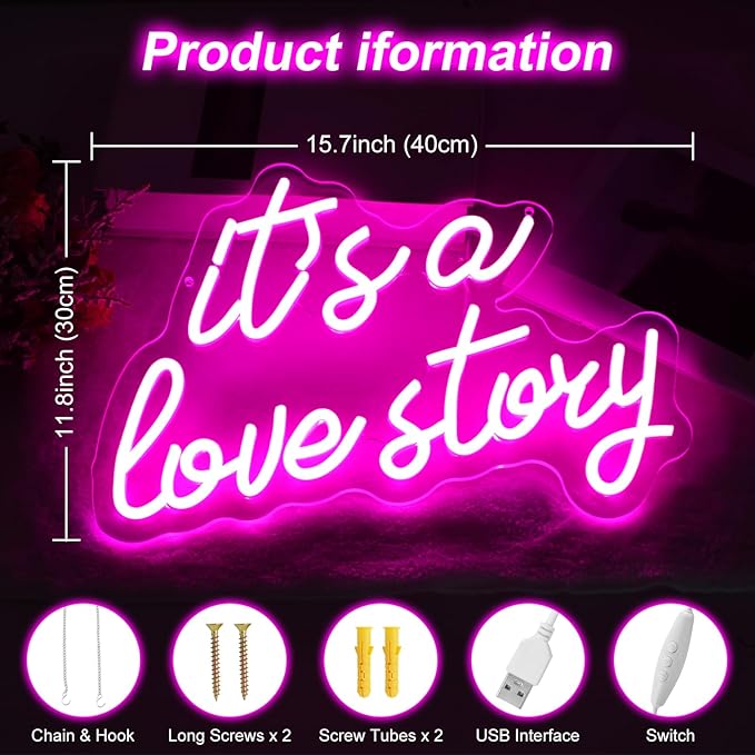 It's a Love Story Neon Signs for Wall Decor, Light Up Sign for Wedding, Engagement Decor,Dimmable Aesthetic Party Birthday Bedroom Bar Pub Club Wall Decor Decorations, Valentine's, Anniversary
