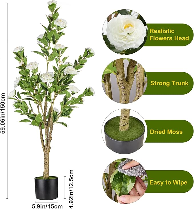 5.2FT Artificial Camellia Tree, White Silk Flower Faux Plant - Realistic Potted Greenery for Indoor/Outdoor, Office & Home Room Decor, Ideal for Wedding Venue Decoration