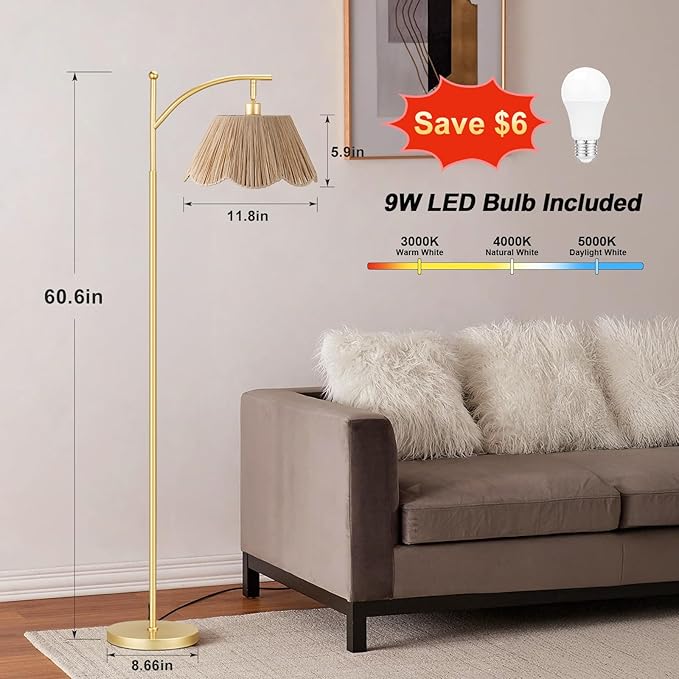 Ambimall 60" Floor Lamps for Living Room with 3 Color Temperatures, Gold Floor Lamp with Rattan Shade, Modern Tall Lamps for Bedroom Office, 9W LED Bulb Included