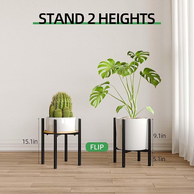 Adjustable Metal Plant Stand Indoor, Fits 9-15 Inch Pots, Mid Century Modern Gold Planter Holder,2 Heights, Heavy Duty 160 lb, Indoor Outdoor Corner Floor Pot Stand, Black