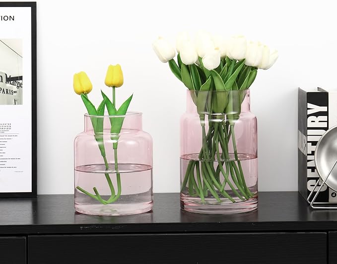 Large Glass Vase, Pink Glass Vase Set of 2, Large Flower Vases for Bouquet, Tall Wide Mouth Vases for Flowers, Home, Wedding, Living Room, Office Decor, 7"+9"