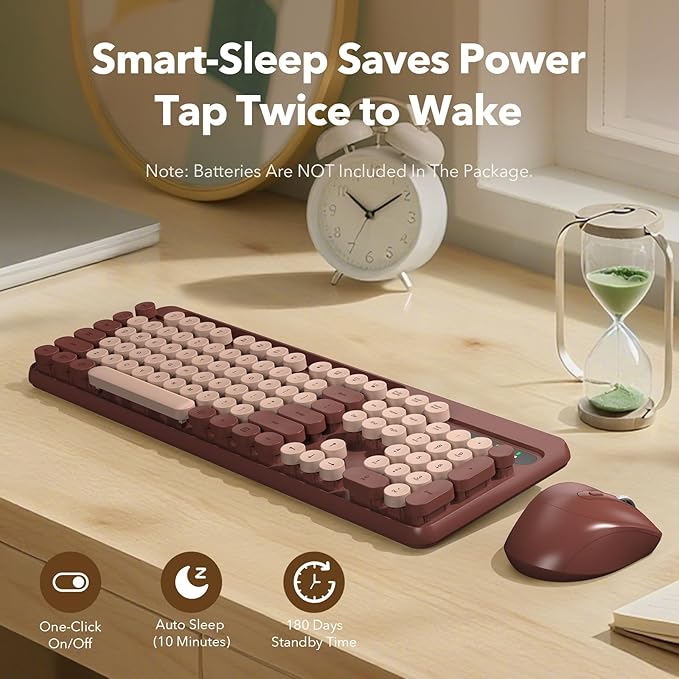 Wireless Keyboard and Mouse Combo, Retro Round Keycaps, Full-Size Cute Typewriter Keyboard with Large Phone/Tablet Holder, Auto-Sleep, 2.4GHz Cordless Connection for Windows/PC/Laptop (Wine Red)