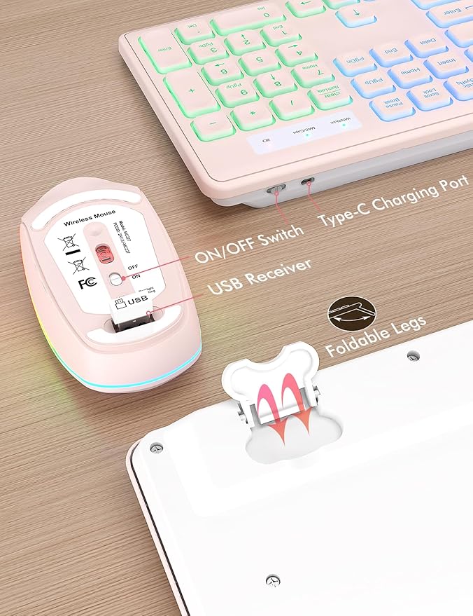 Wireless Keyboard and Mouse Combo, RGB Backlit, Rechargeable & Light Up Letters, Full-Size, Soft Typing, Sleep Mode, 2.4GHz Quiet Keyboard Set for Mac, Windows, Laptop, PC, Trueque (Pink)